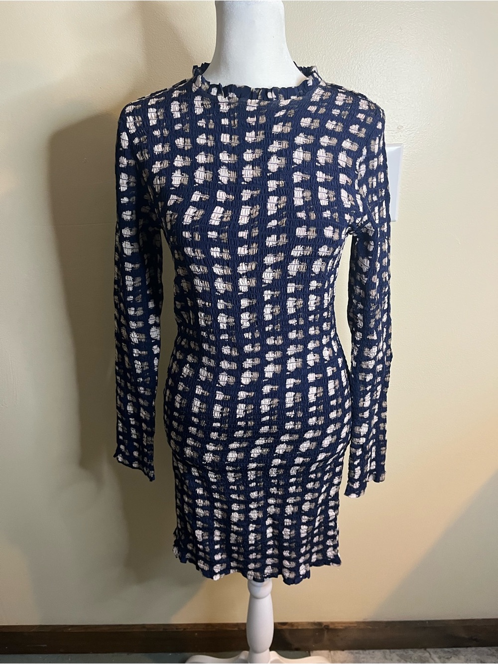 Apiece Apart Suenos Smock Mini Dress in a Navy Shibori pattern